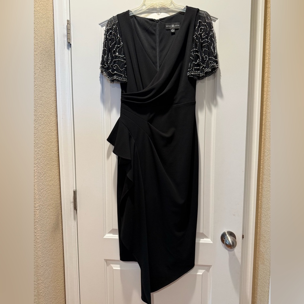 Betsy & Adam Black Midi Dress with Beaded Sleeves